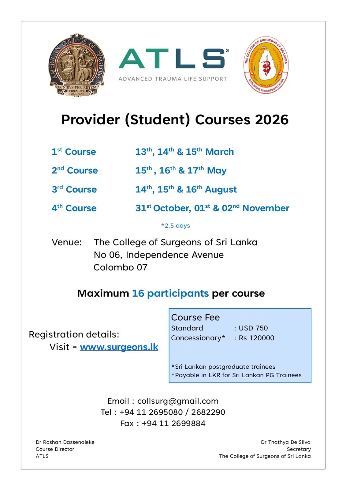 Advanced Trauma Life Support provider course announcement